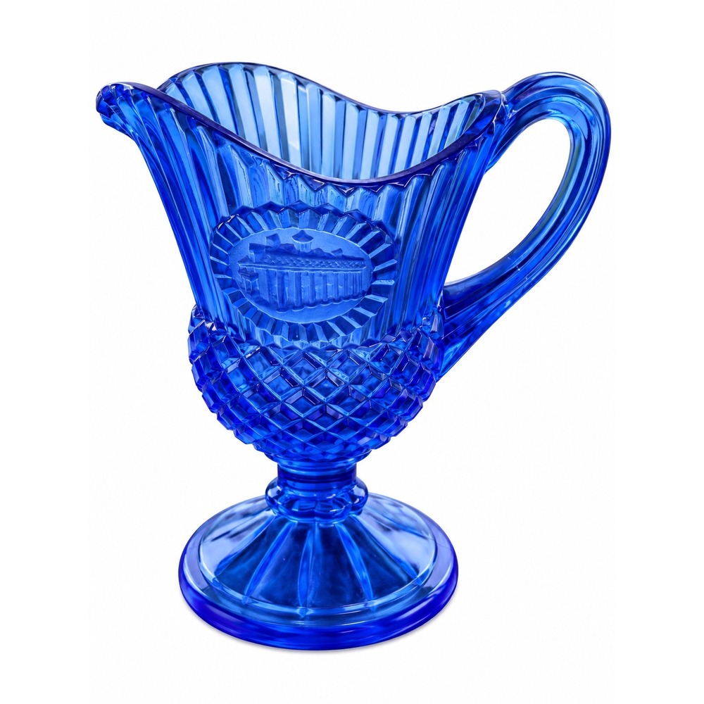 Vintage Cobalt Blue Pressed Glass Pitcher Footed Creamer Architectural Medallion